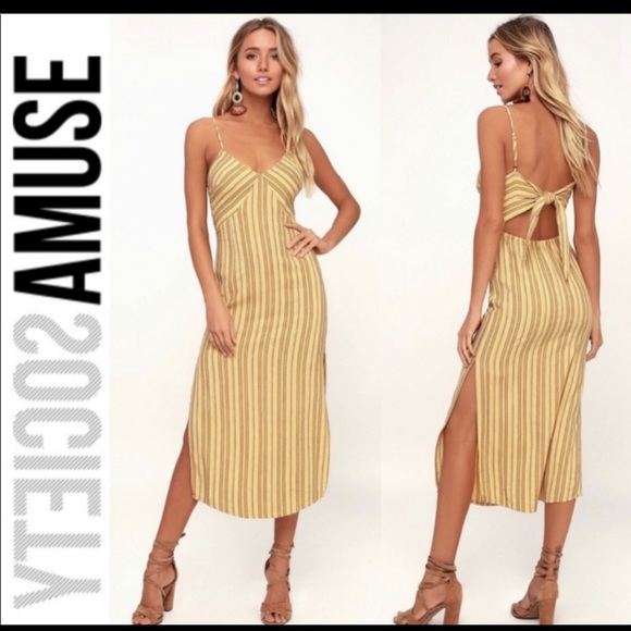 Amuse Society Dresses & Skirts - Amuse Society White Sands Yellow Striped Tie Back Midi Dress
Size Medium